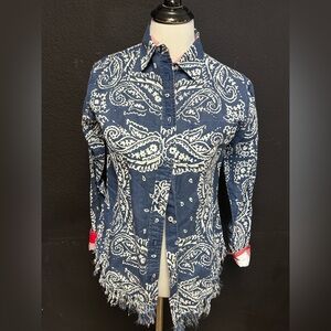 Tizzie Lizzie Blue Paisley button up  red and white plaid  cuffs  fringe bottom